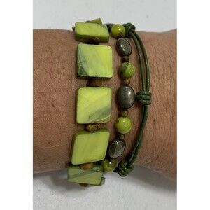 Silpada Bracelet Green Mother of Pearl Leather Pyrite Tiger Eye B1132 Boho
